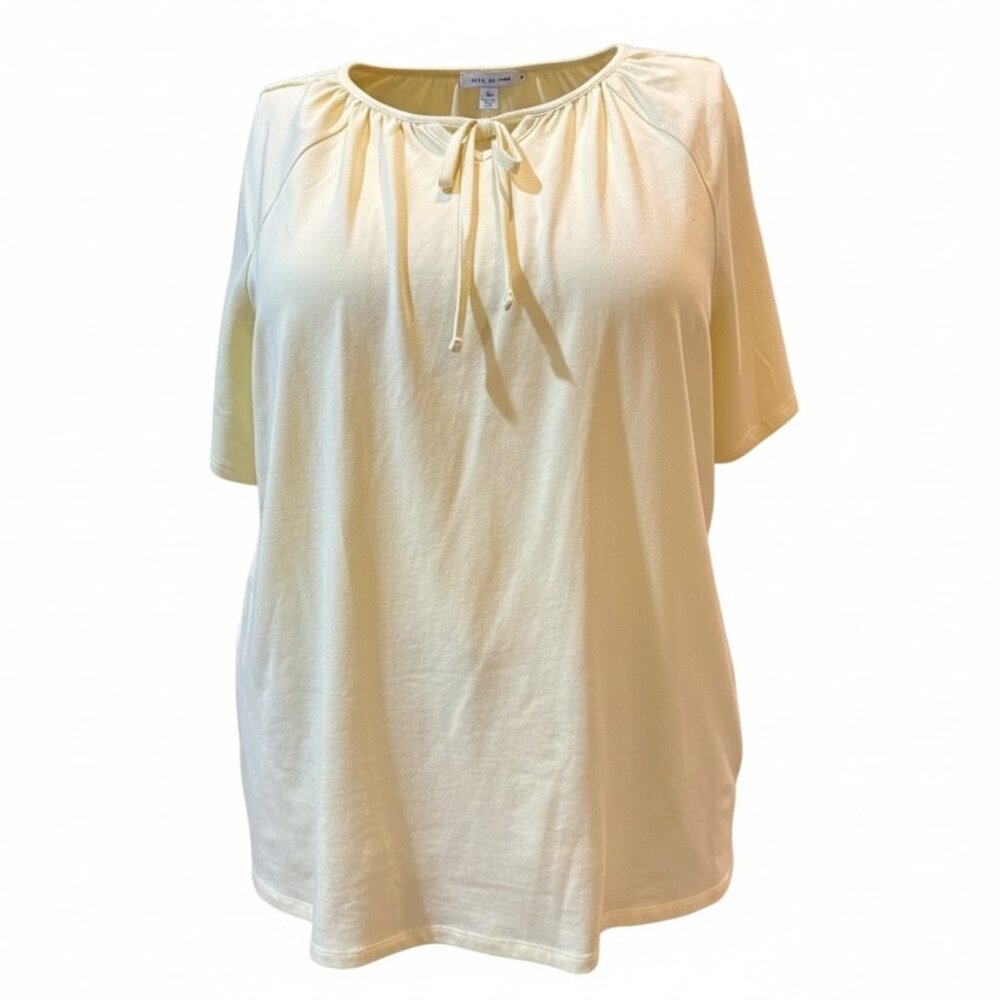 D&Co. Sz. 1X Yellow Tie Front Keyhole Neck Short Sleeve Embellished Blouse